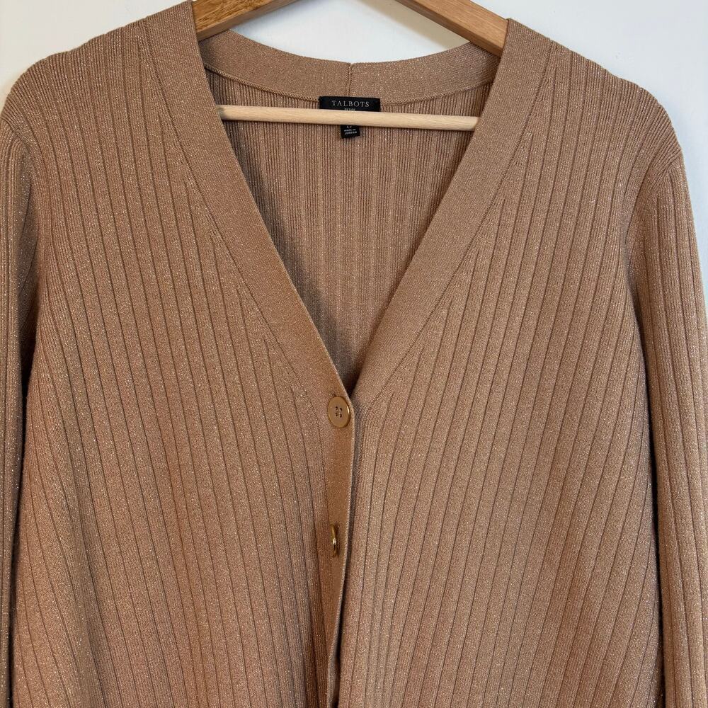 Talbots Metallic Ribbed Cardigan Size Large Petite Rattan Spring Office Minimal - Picture 5 of 9